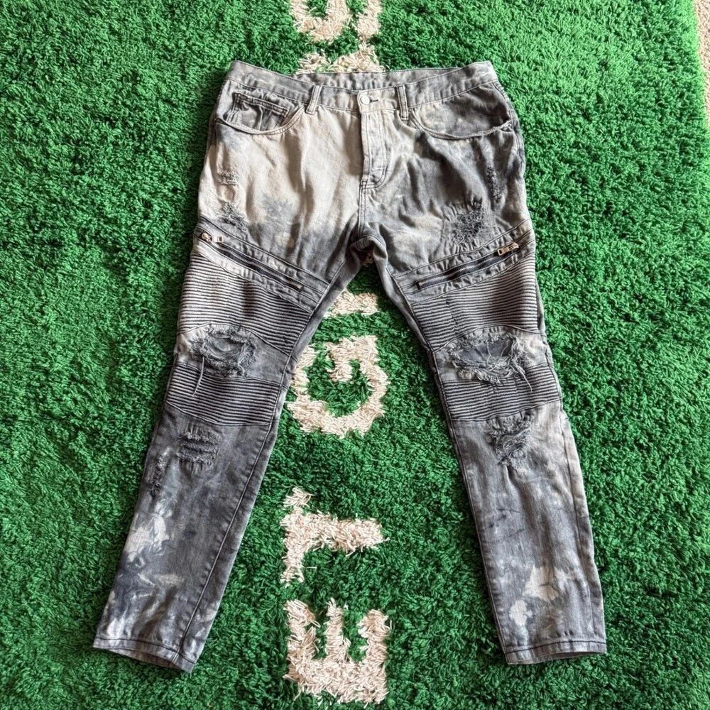 DOPE‎ Mens Distressed Moto Biker Jeans Ribbed Denim Pants Size 38